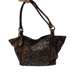 Frye Deborah Distressed Stud Leather Chocolate Brown Shoulder Bag